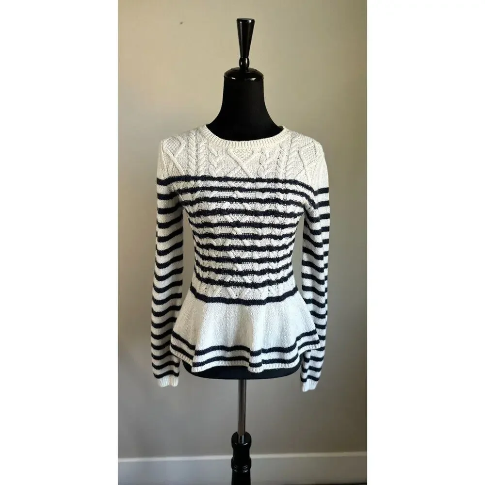 MASSIMO DUTTI Striped Cable Knit Peplum Sweater in White Size M